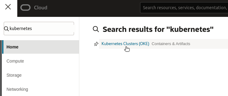 Oracle Cloud console showing search result for Kubernetes Clusters (OKE) service.
