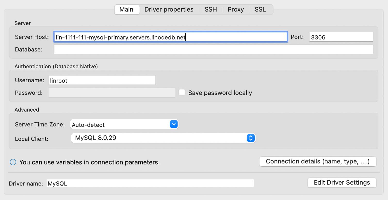Screenshot of DBeaver’s MySQL connection settings.
